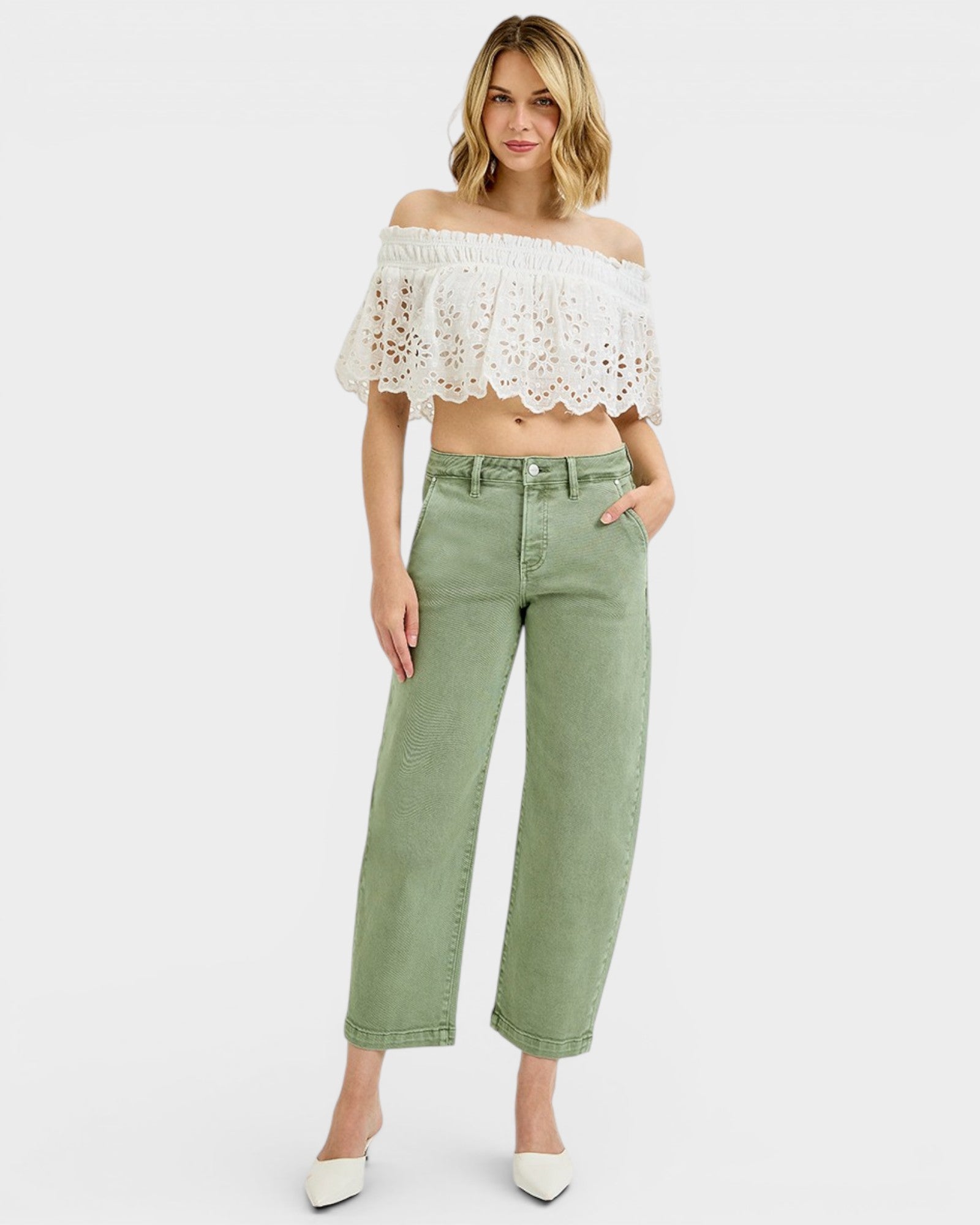 Olive Wash Tummy Control Barrel Jeans