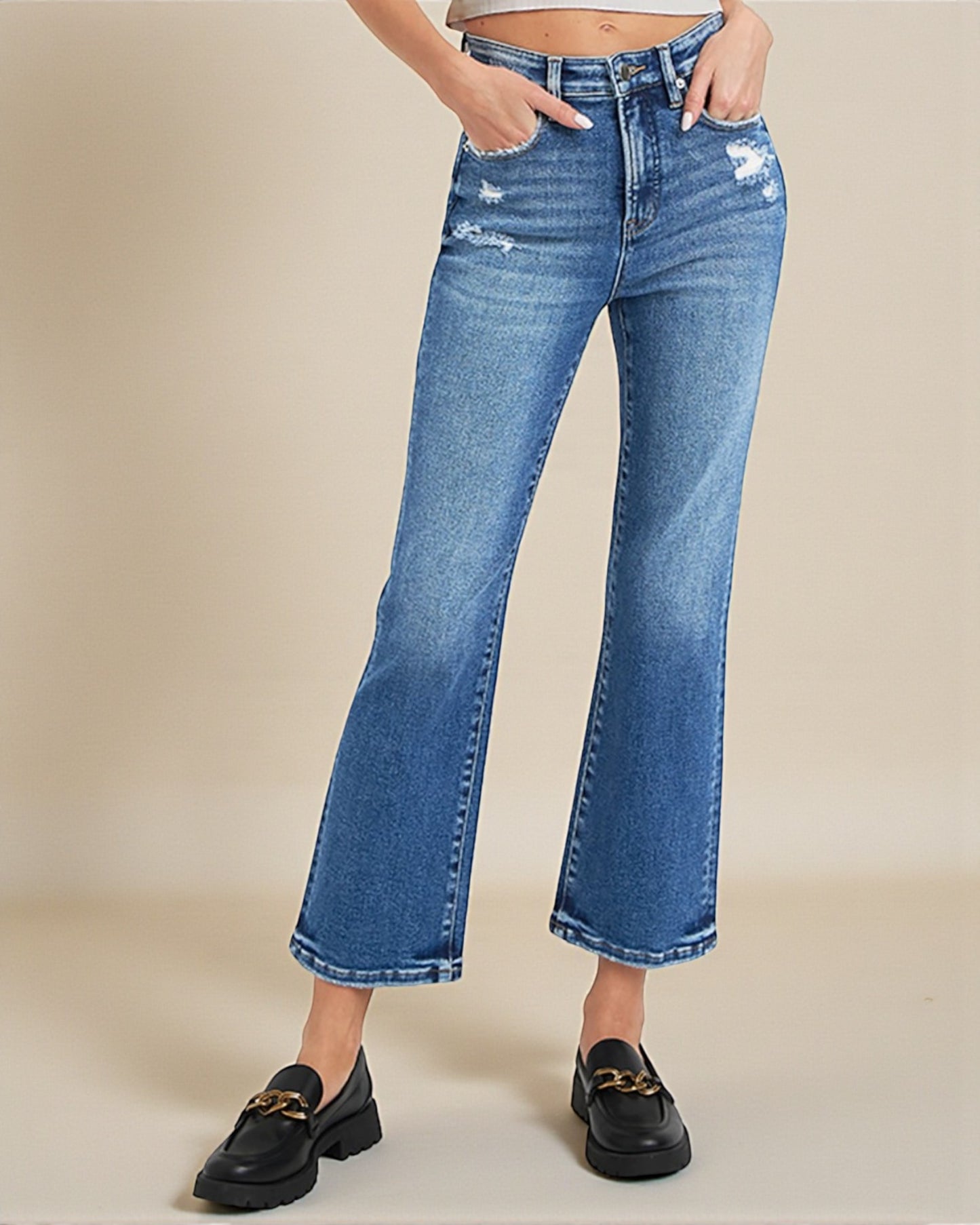 Jean bootcut taille haute effet gainant délavé foncé