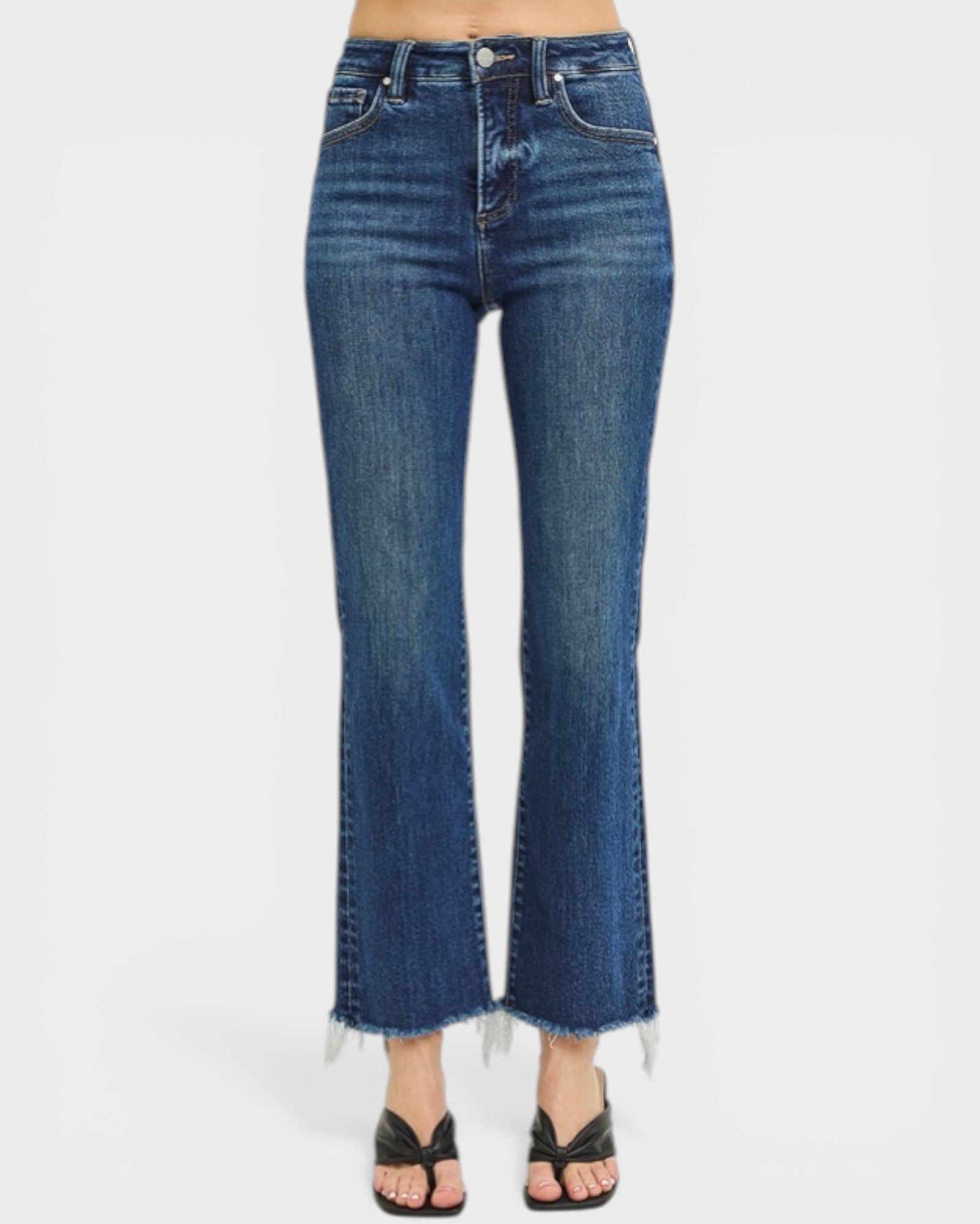 Dark Wash Frayed Hem Straight Leg Jeans
