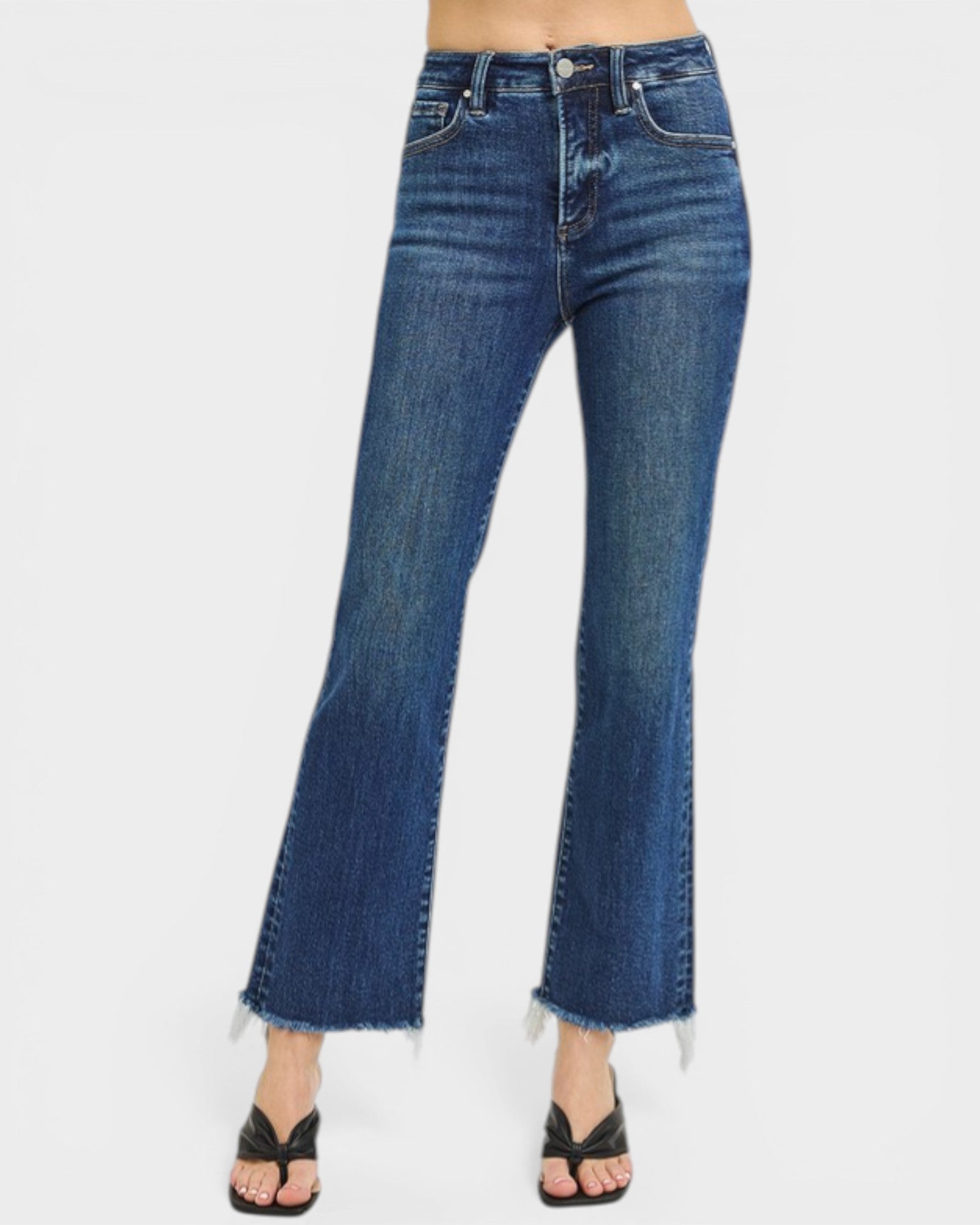 Dark Wash Frayed Hem Straight Leg Jeans