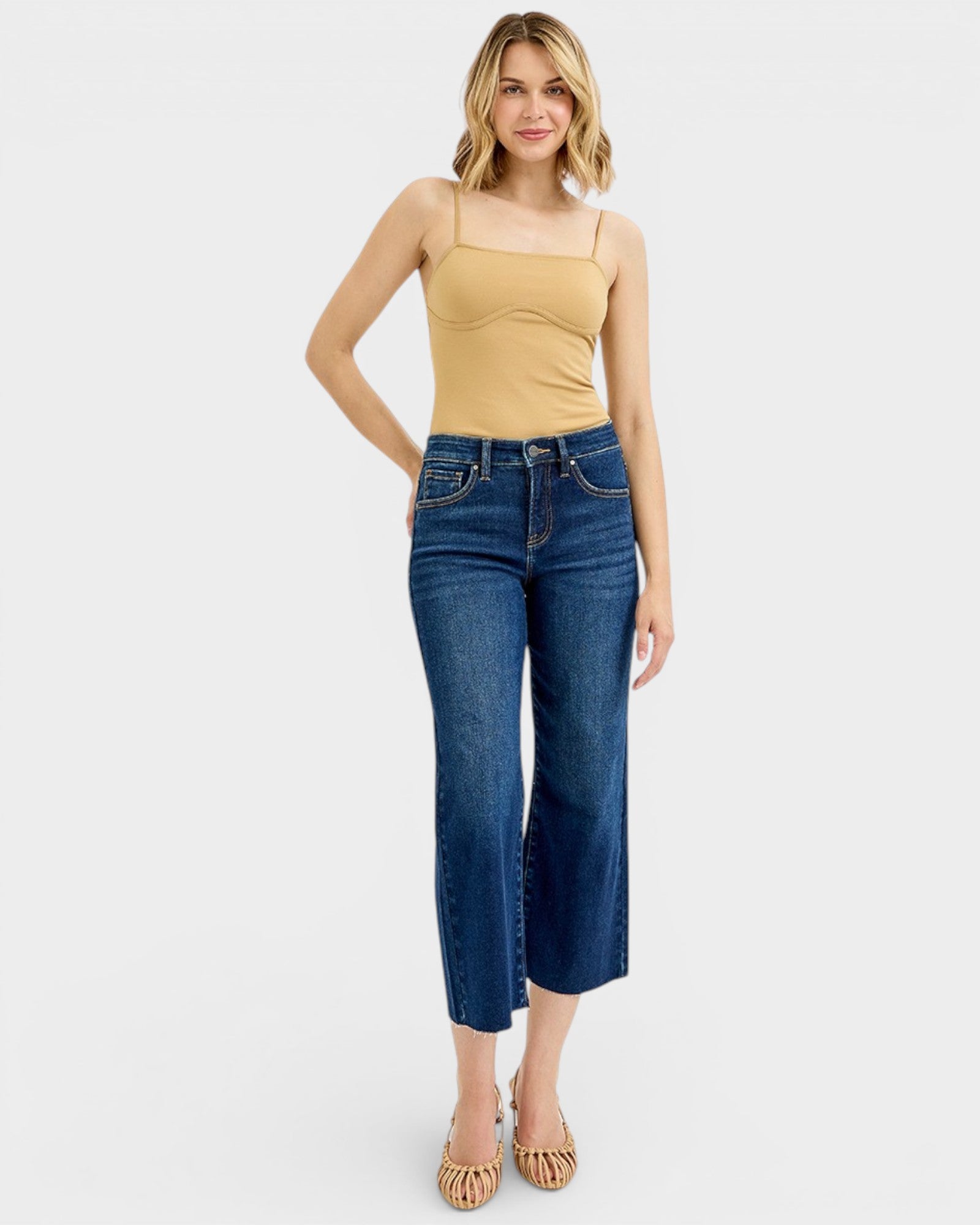 Dark Wash Tummy Control Crop Wide Leg Jeans