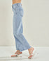Light blue jeans worn by a person on a plain background