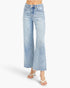 A model from the waist down wearing light-wash blue wide-leg cropped jeans and white heeled thong sandals, set against a plain white studio background.