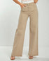Beige wide-leg jeans worn by a person on a white background