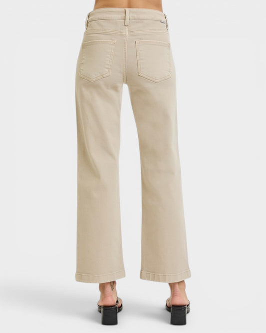 Beige wide-leg pants on a white background