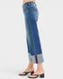 Blue jeans with a striped hem on a white background
