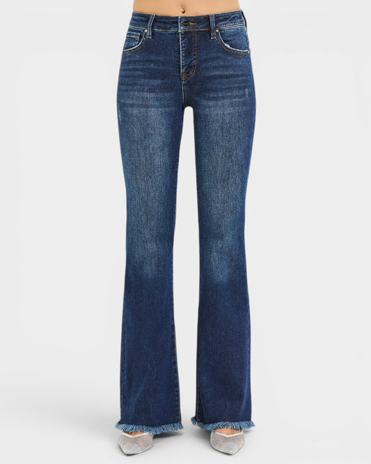 Blue flared jeans on a white background