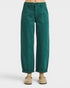 Green pants worn by a person on a white background