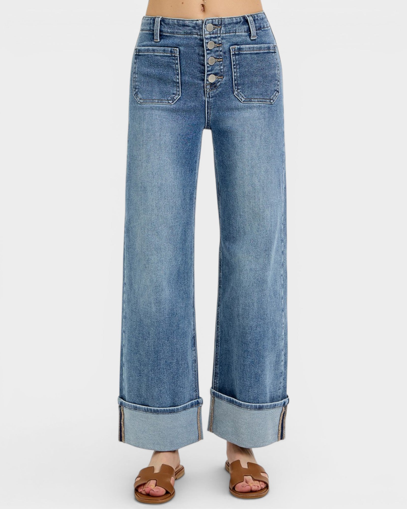 Medium Wash Cuffed Wide Leg Jeans