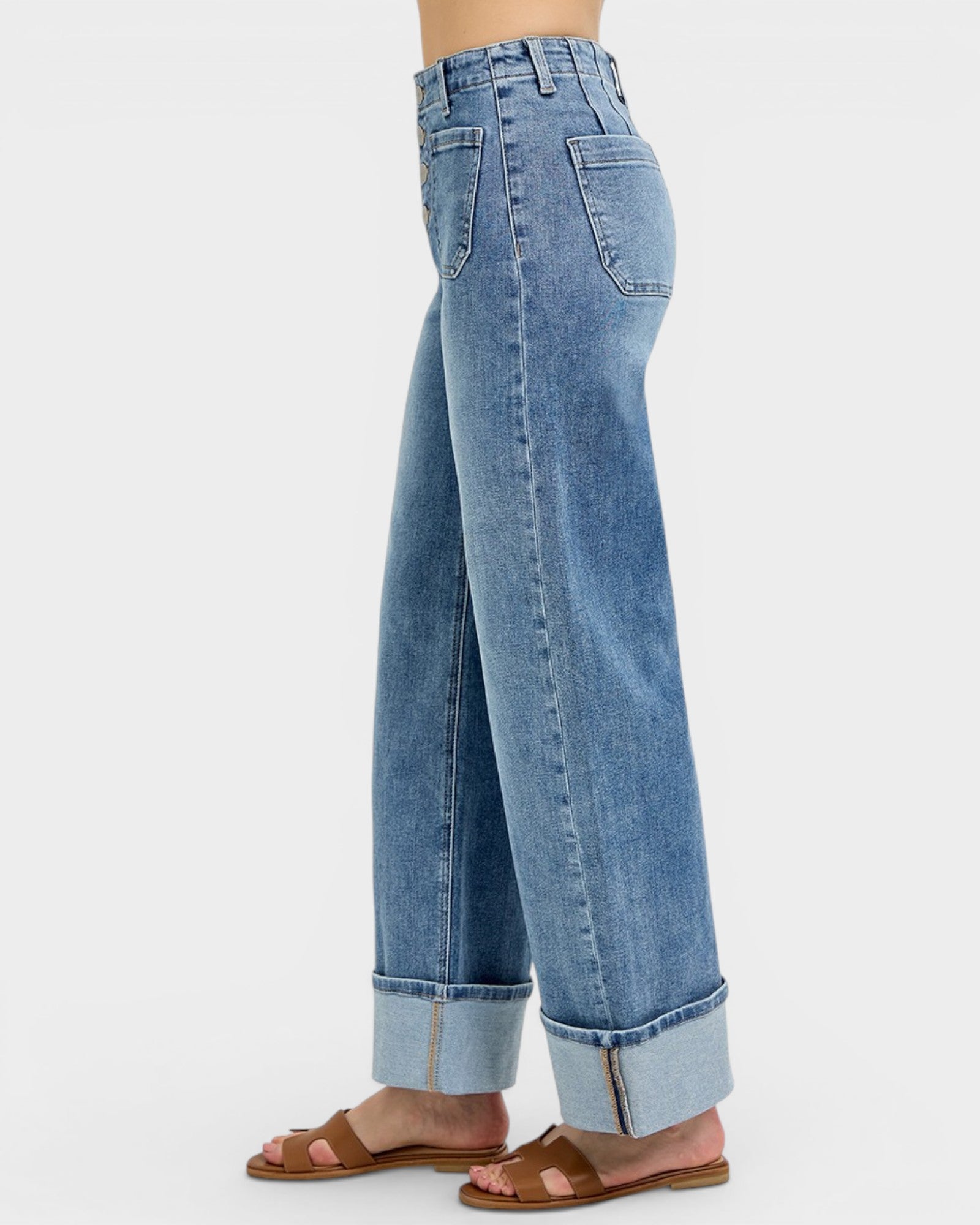 Medium Wash Cuffed Wide Leg Jeans