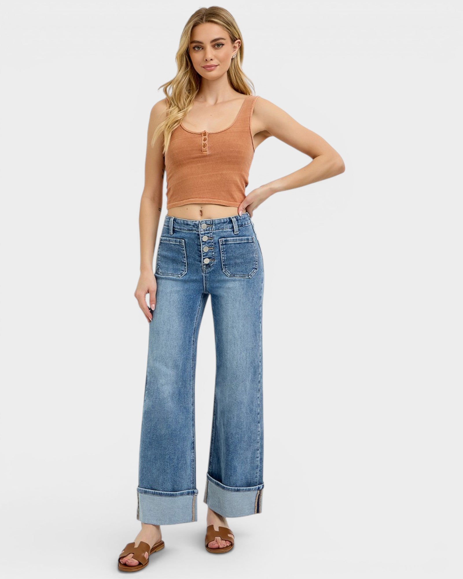 Medium Wash Cuffed Wide Leg Jeans
