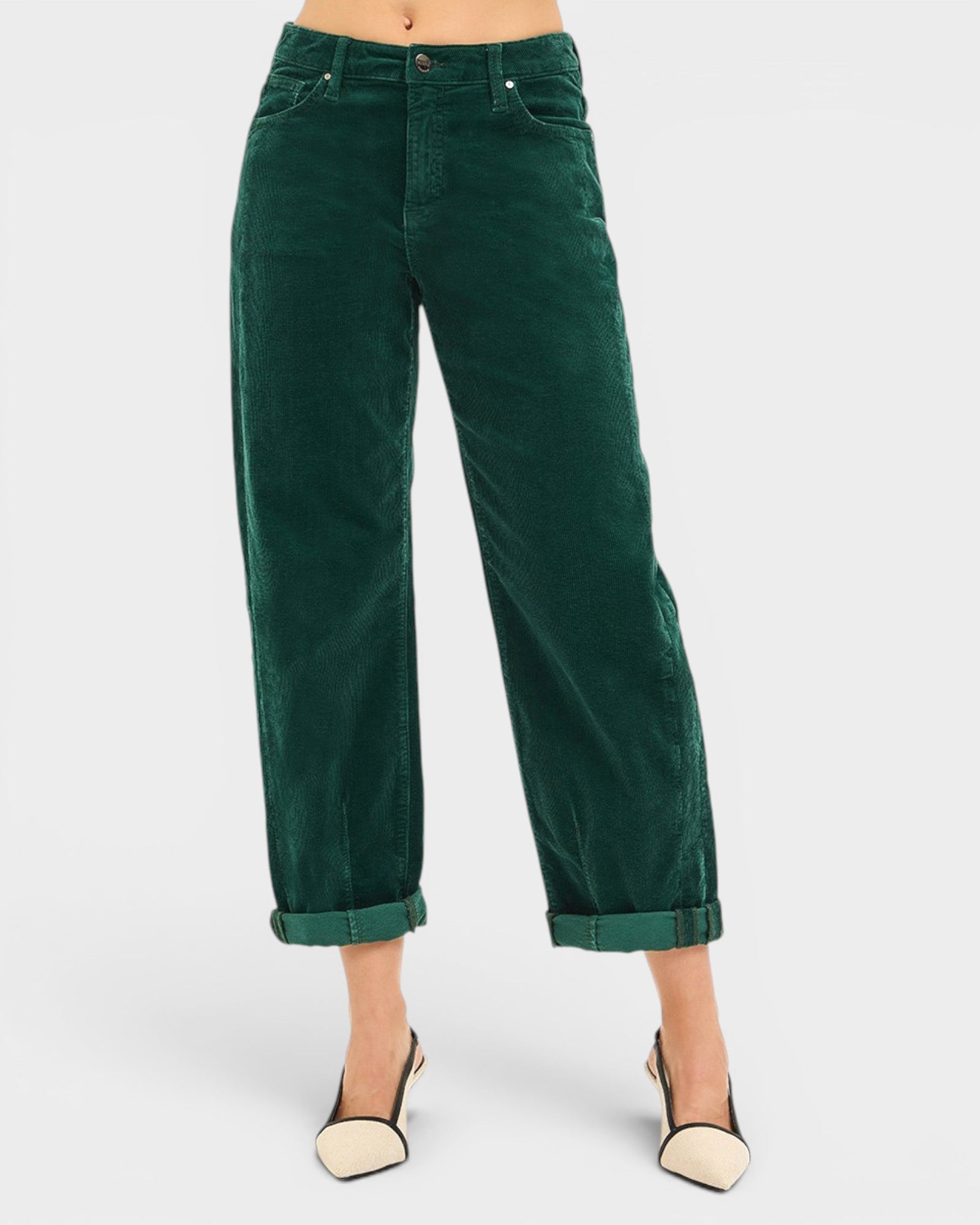 Green corduroy pants worn by a person on a white background
