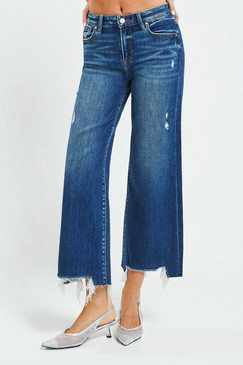 Dark Wash Frayed Hem Wide Leg Jeans