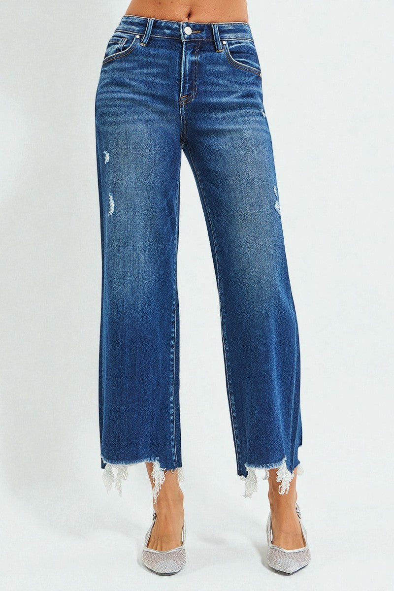 Dark Wash Frayed Hem Wide Leg Jeans