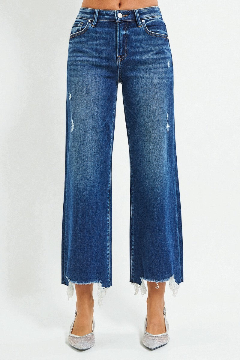 Dark Wash Frayed Hem Wide Leg Jeans