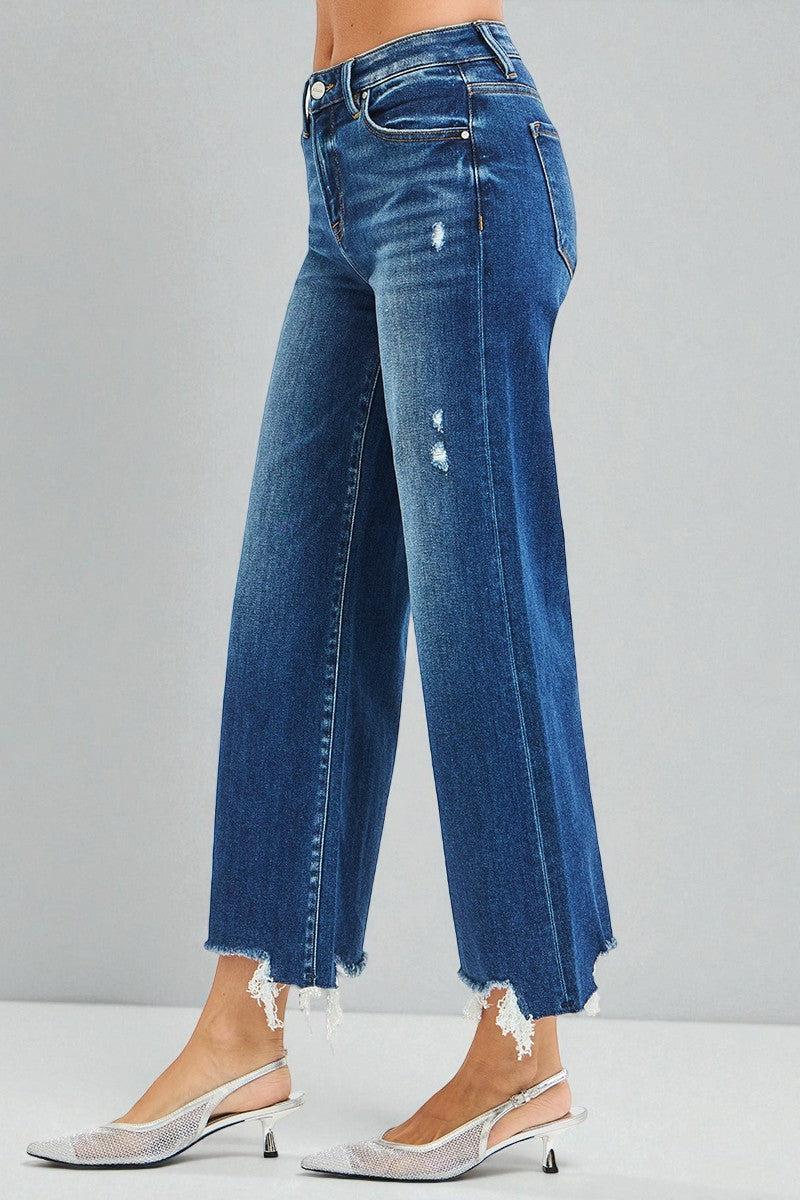 Dark Wash Frayed Hem Wide Leg Jeans