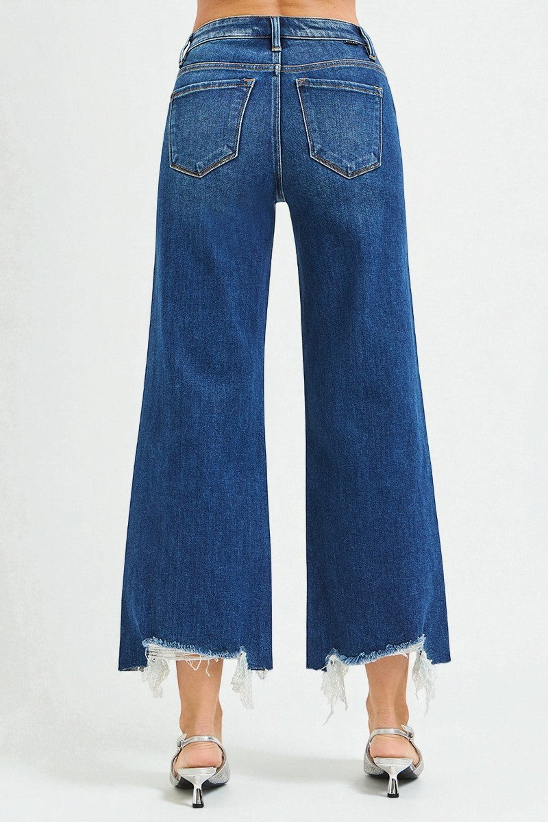 Dark Wash Frayed Hem Wide Leg Jeans