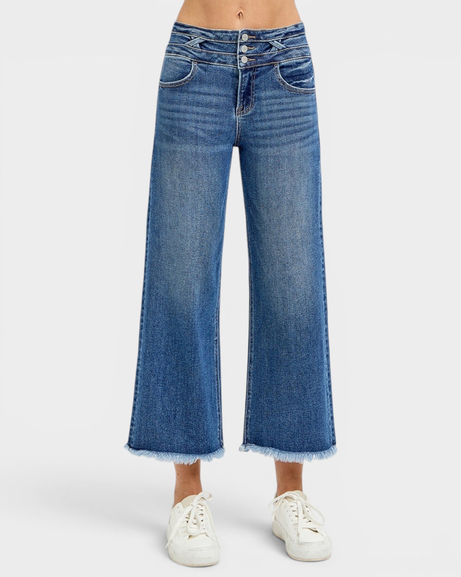 Dark Wash High Rise Frayed Hem Wide Leg Jeans