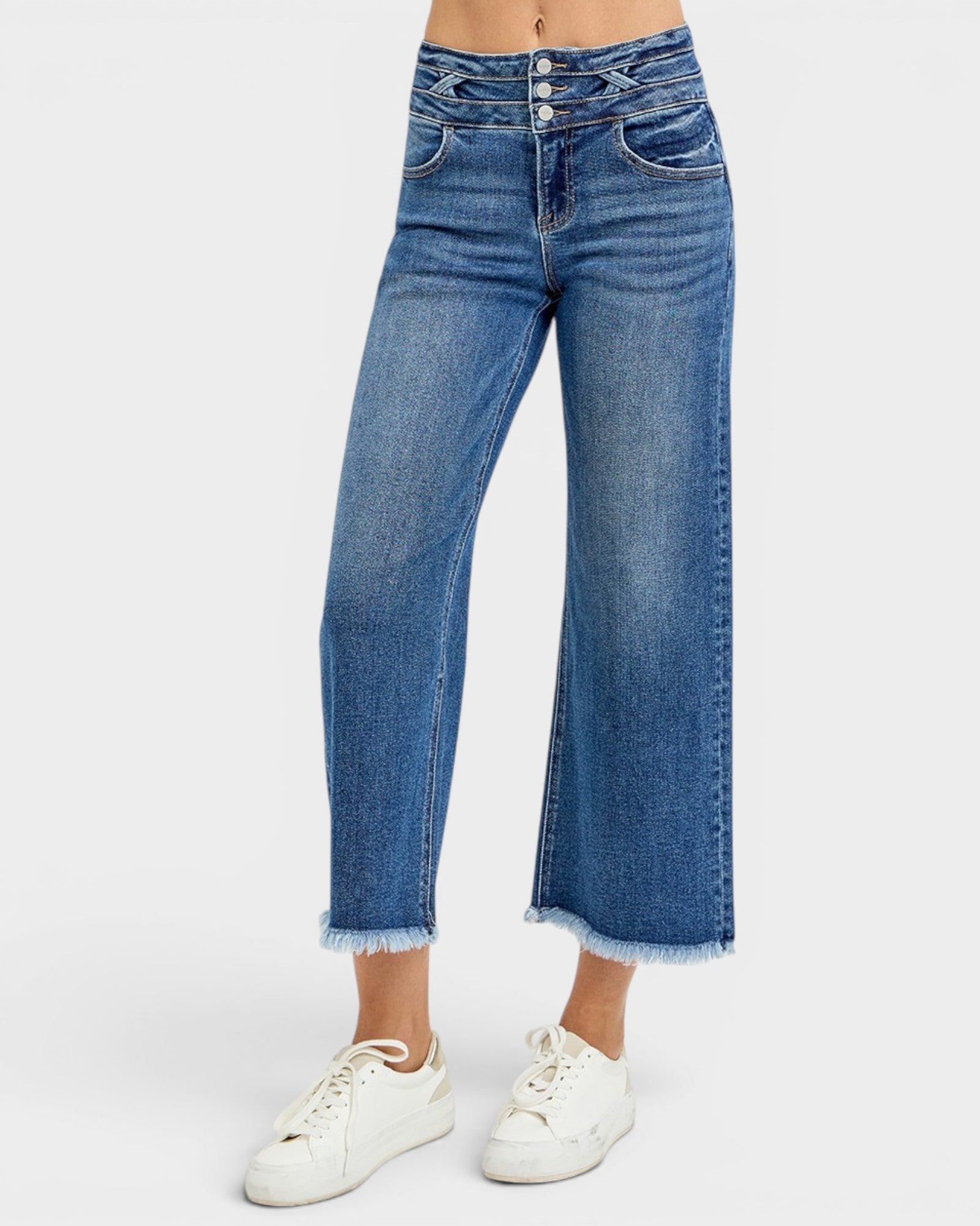 Dark Wash High Rise Frayed Hem Wide Leg Jeans