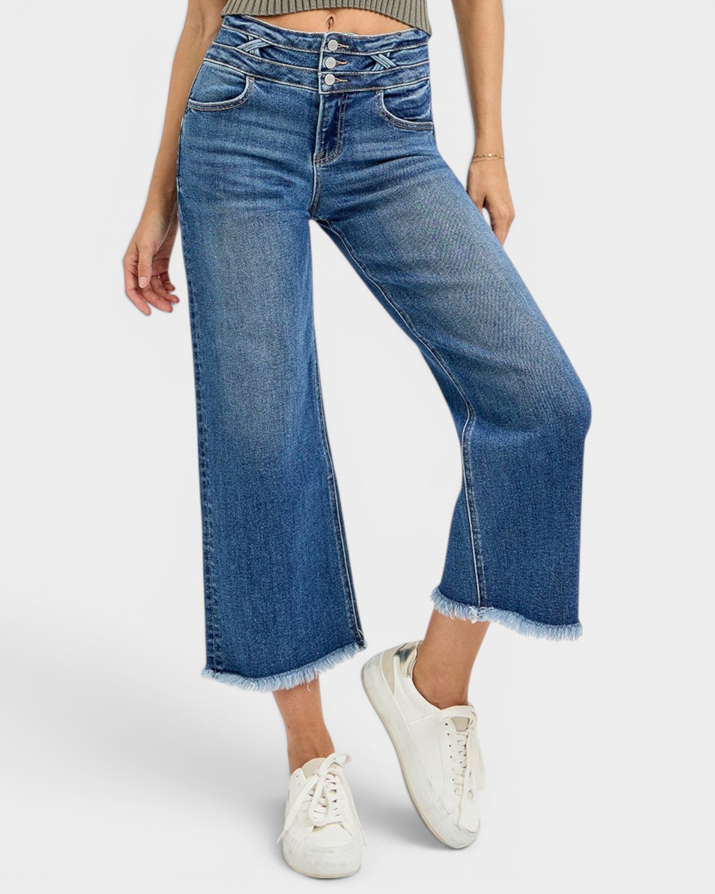Dark Wash High Rise Frayed Hem Wide Leg Jeans