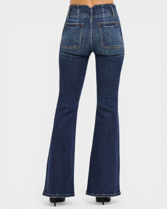 Blue flared jeans on a white background