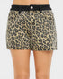 Leopard print shorts with a black belt on a white background