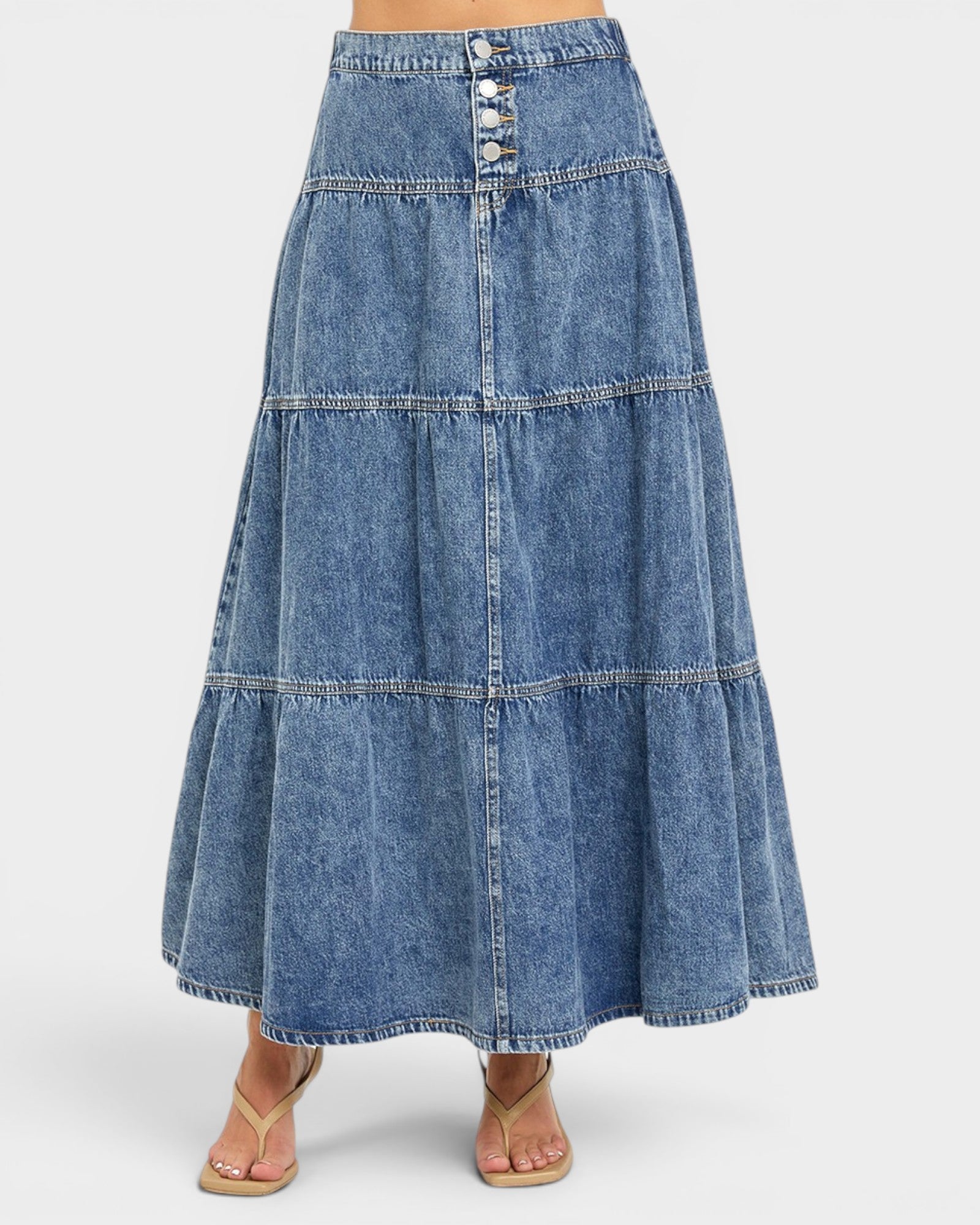 Long denim skirt on a white background