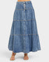Long denim skirt on a white background
