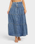 Denim skirt worn by a person on a white background