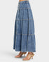 Long denim skirt on a white background