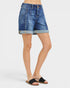 Person wearing blue denim shorts on a white background