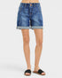 Denim shorts worn by a person on a white background
