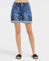 Person wearing blue denim shorts on a white background