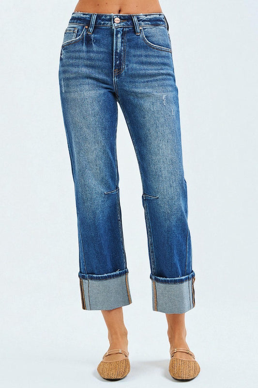 Medium Wash Cuffed Straight Leg Jeans