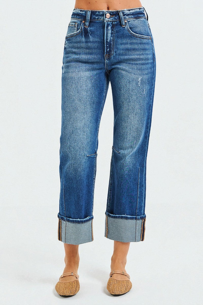 Medium Wash Cuffed Straight Leg Jeans