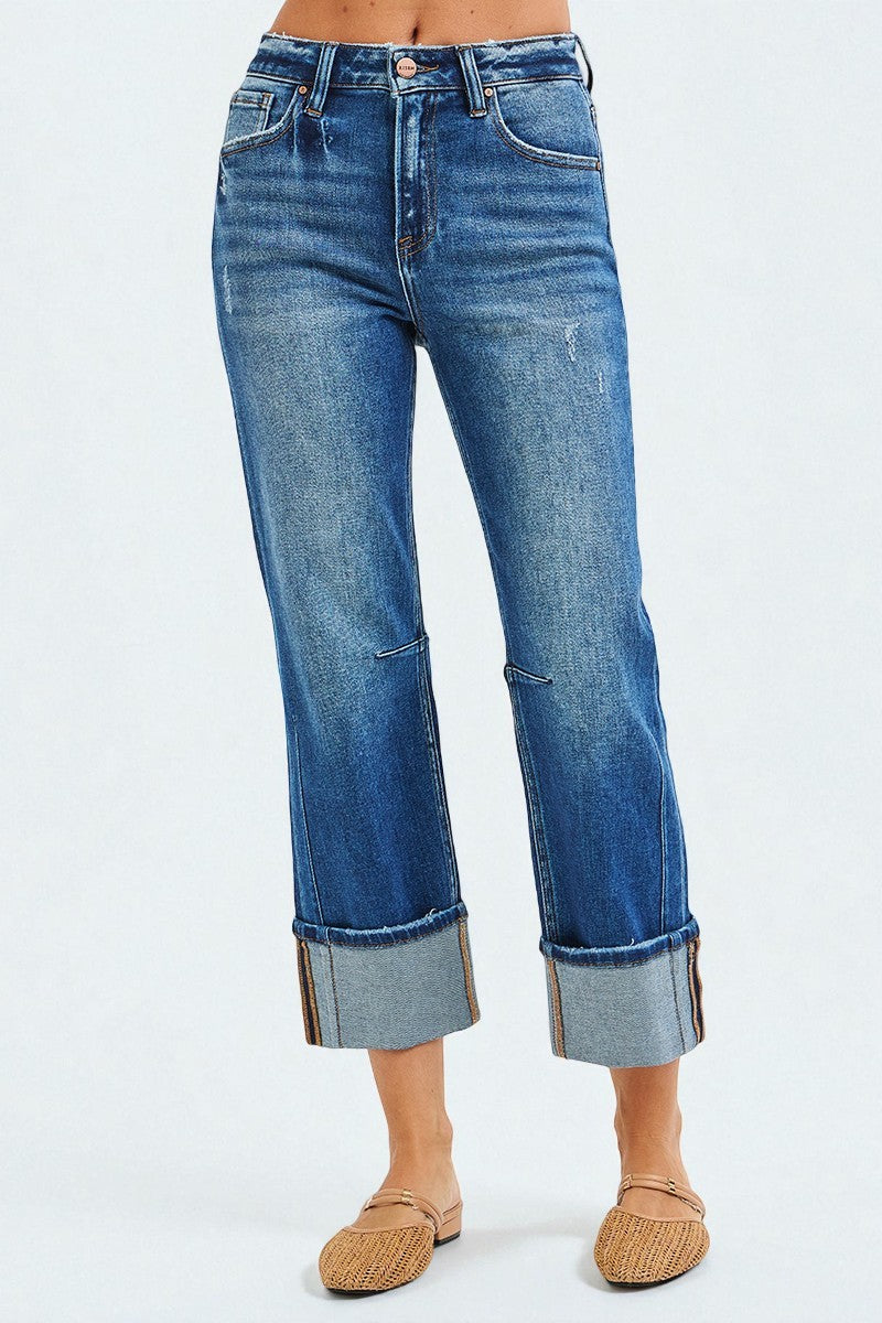 Medium Wash Cuffed Straight Leg Jeans