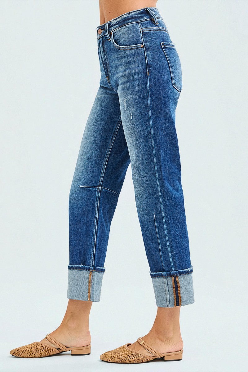 Medium Wash Cuffed Straight Leg Jeans