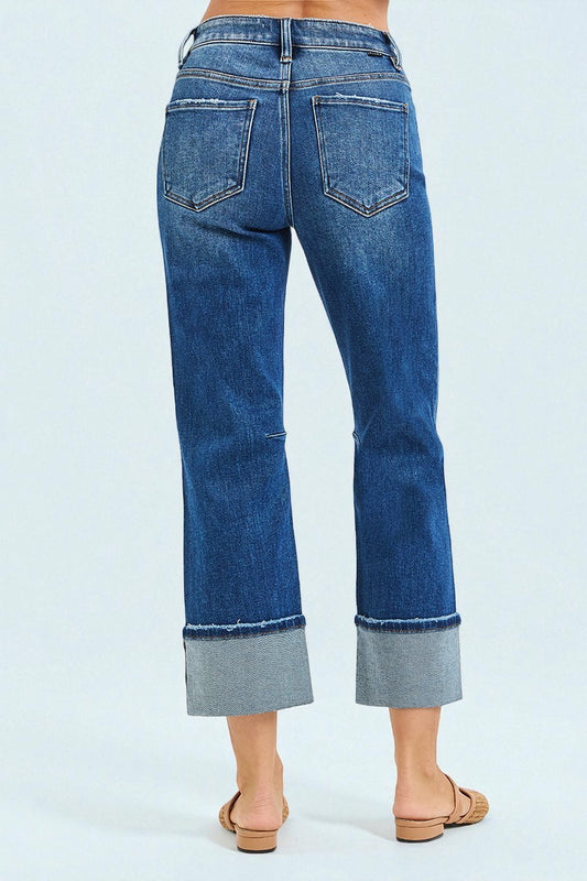 Medium Wash Cuffed Straight Leg Jeans