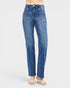 Blue jeans worn by a person on a white background