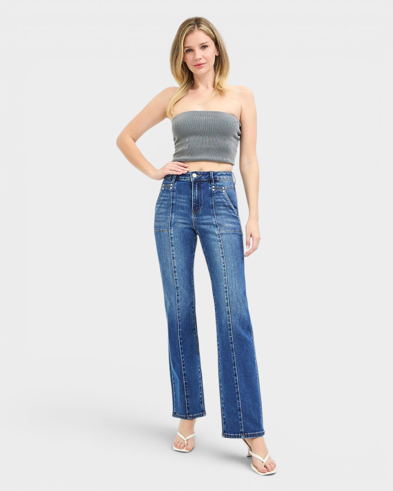 Dark Wash Seam Detail Straight Leg Jeans