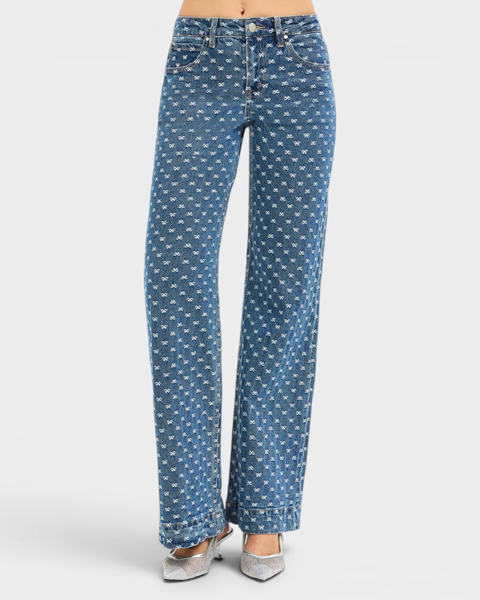 Blue patterned jeans on a white background