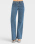 Blue patterned jeans on a white background