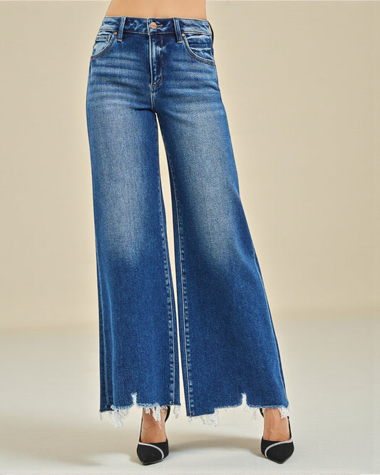 Dark Wash Wide-Leg Raw Hem Jeans