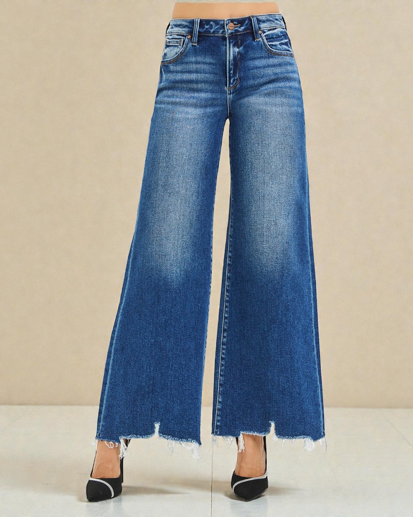 Dark Wash Wide-Leg Raw Hem Jeans