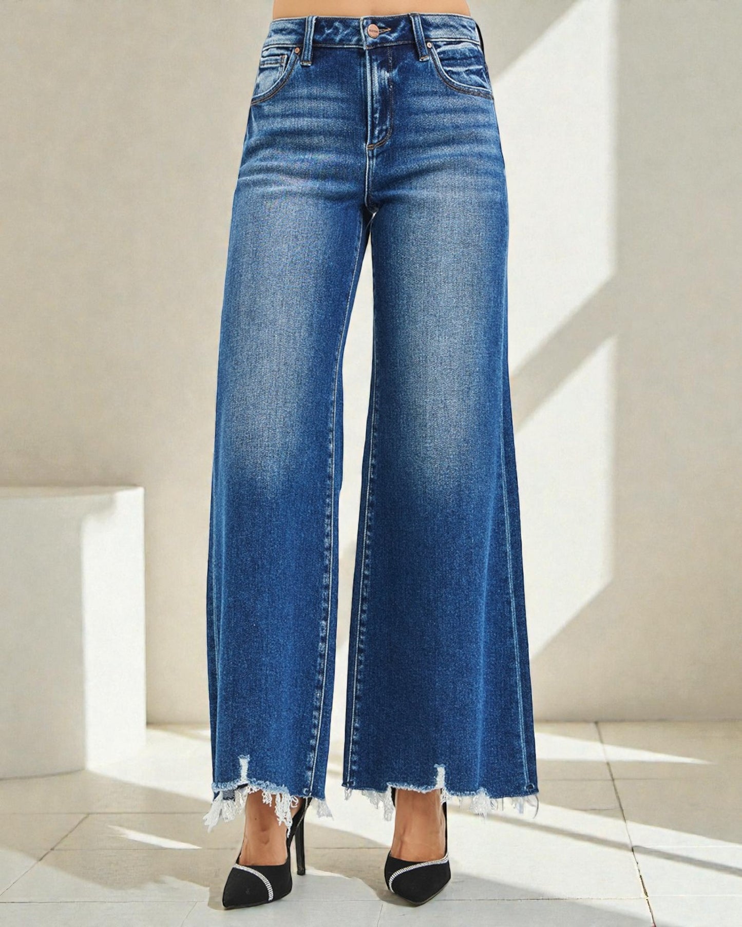 Dark Wash Wide-Leg Raw Hem Jeans
