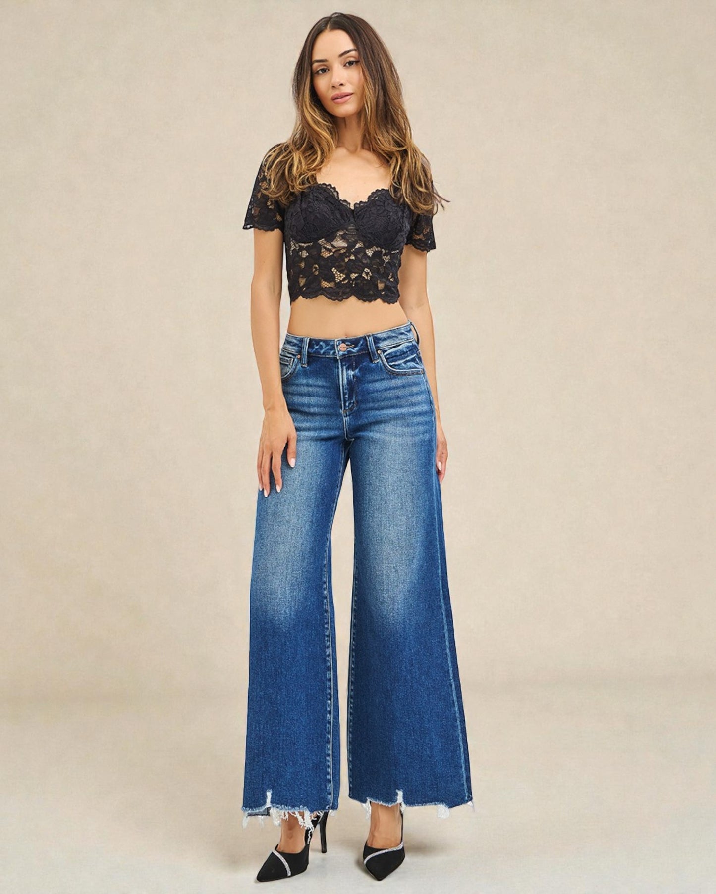 Dark Wash Wide-Leg Raw Hem Jeans