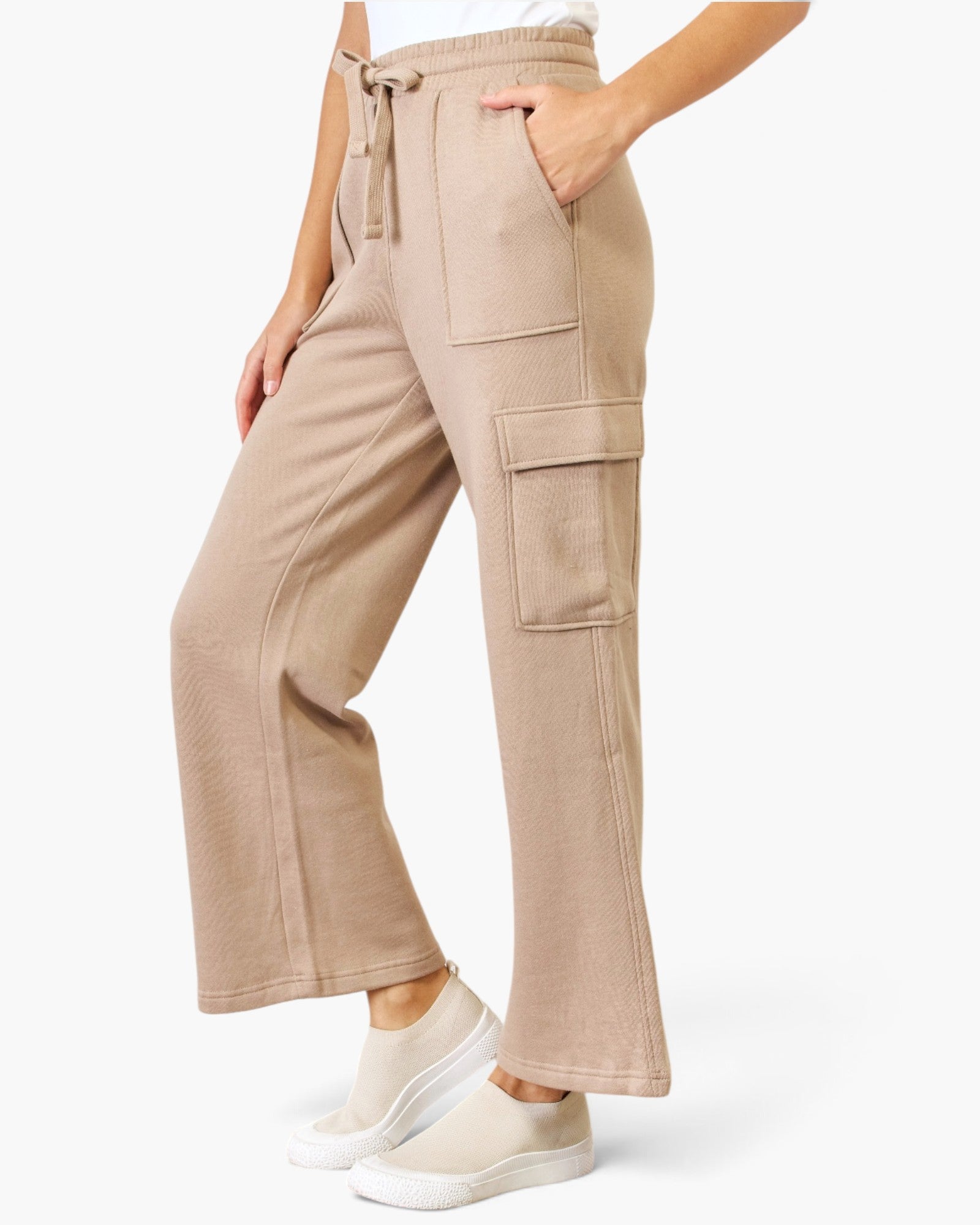 Tan Drawstring Wide-Leg Cargo Pants