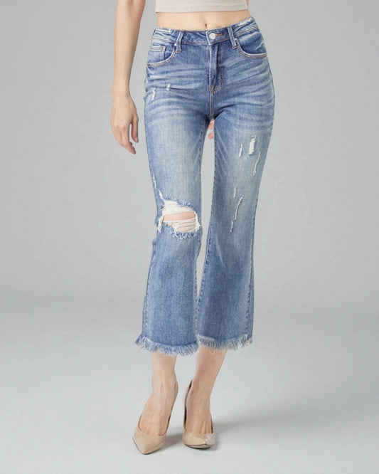 Medium Wash Distressed Cropped Flare Jeans