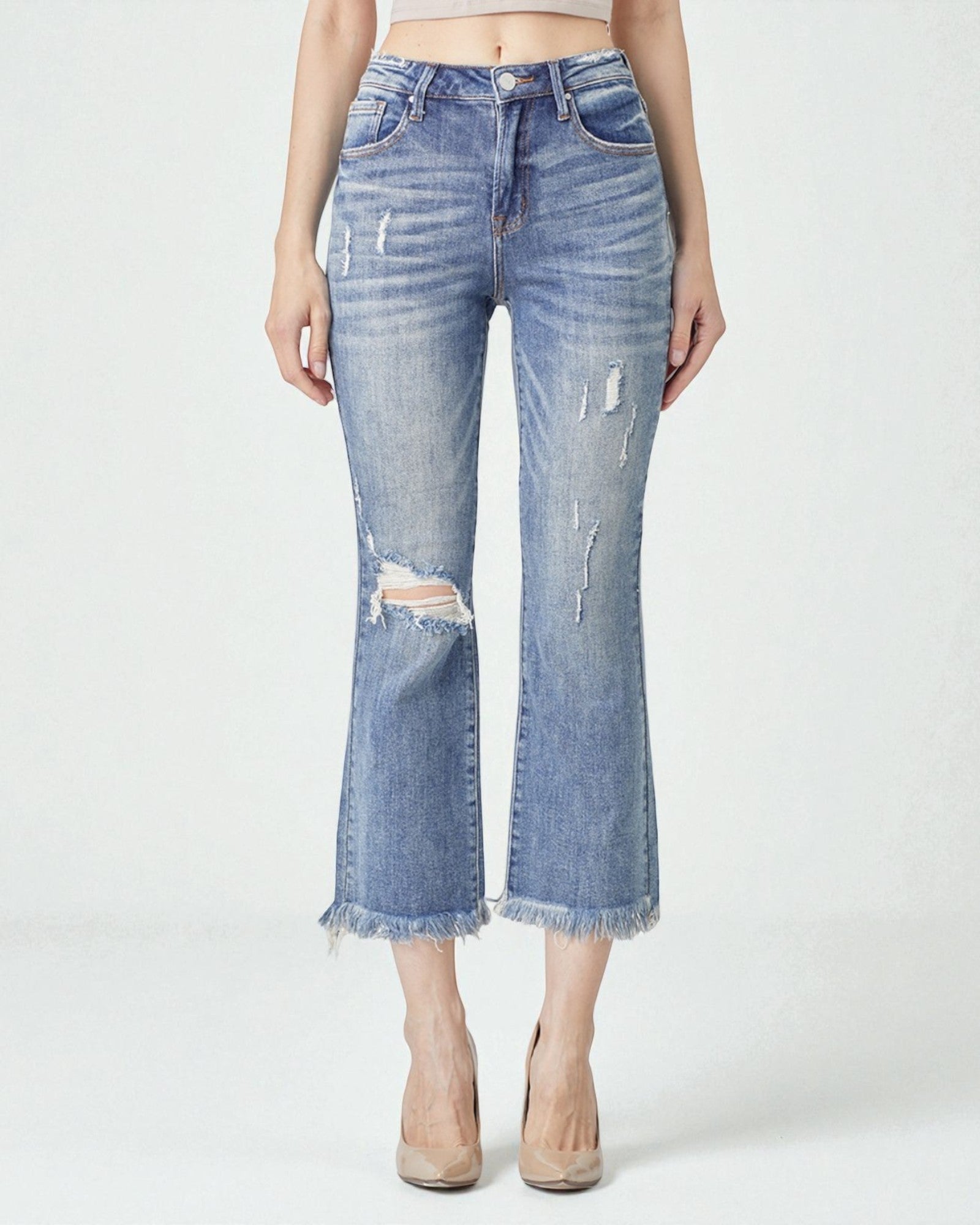 Jean bootcut court taille haute effet vieilli foncé