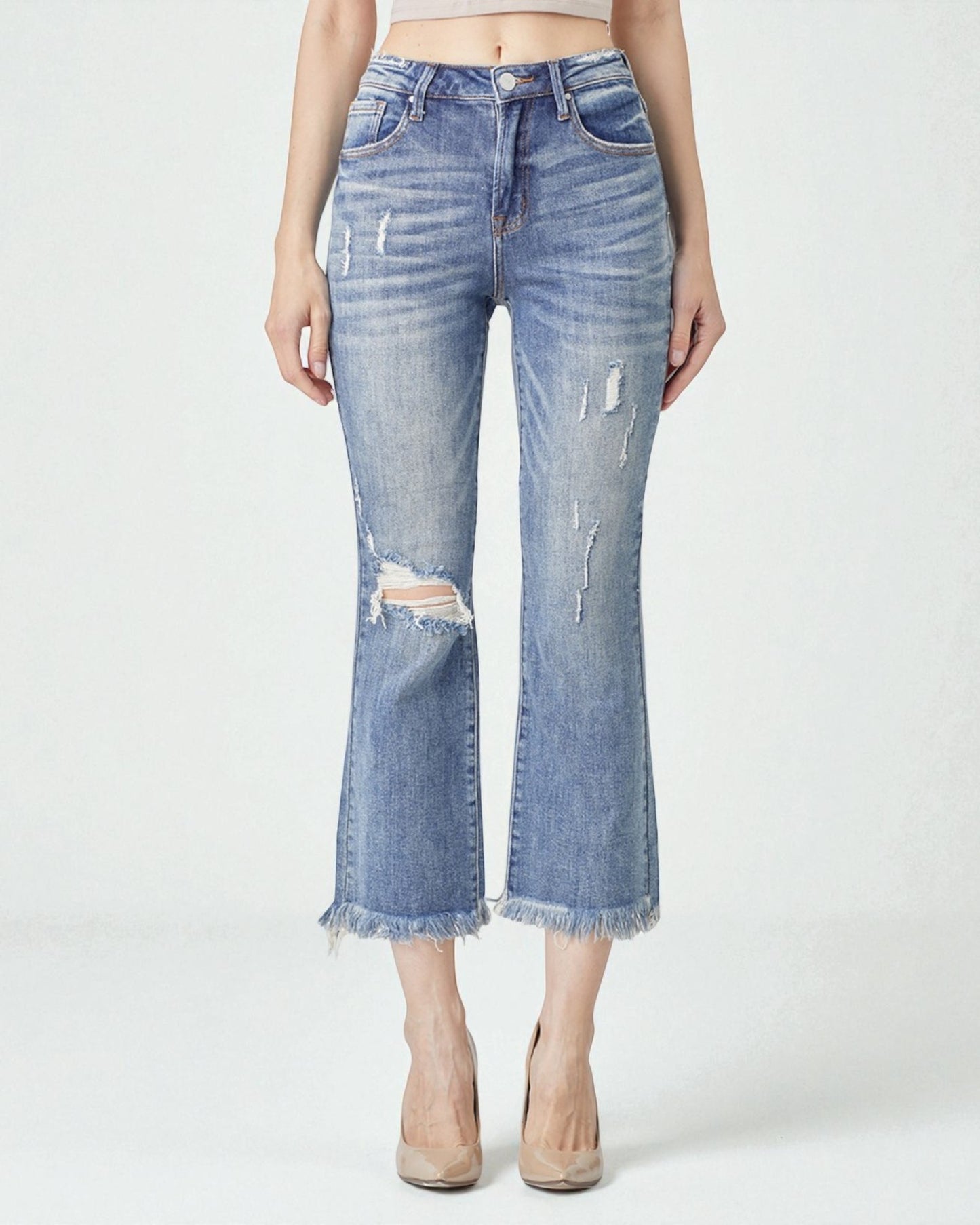 Medium Wash Distressed Cropped Flare Jeans